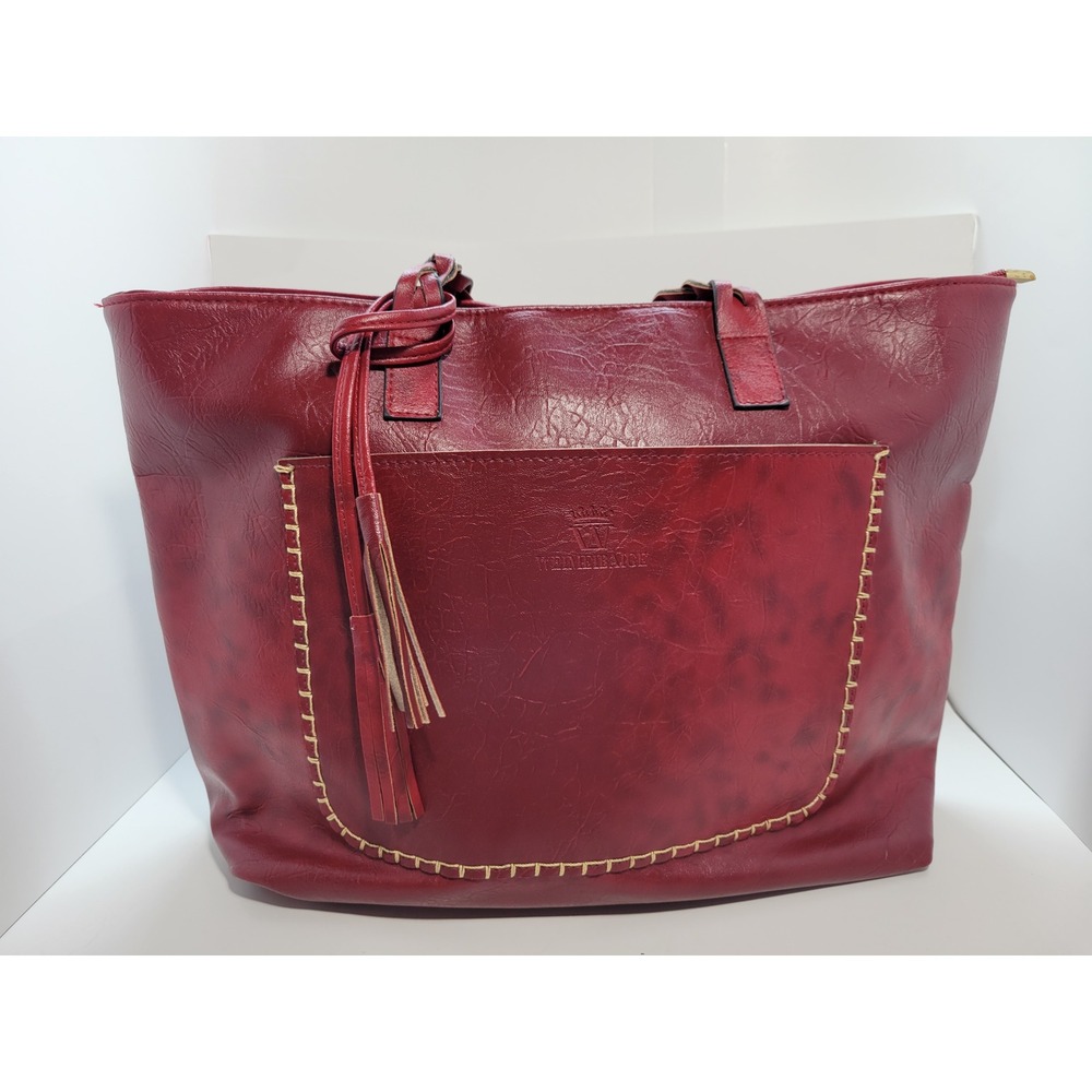 WEIMEIBAIGE Burgundy Faux Leather Tote Bag Whipstitch Tassel Shoulder Bag